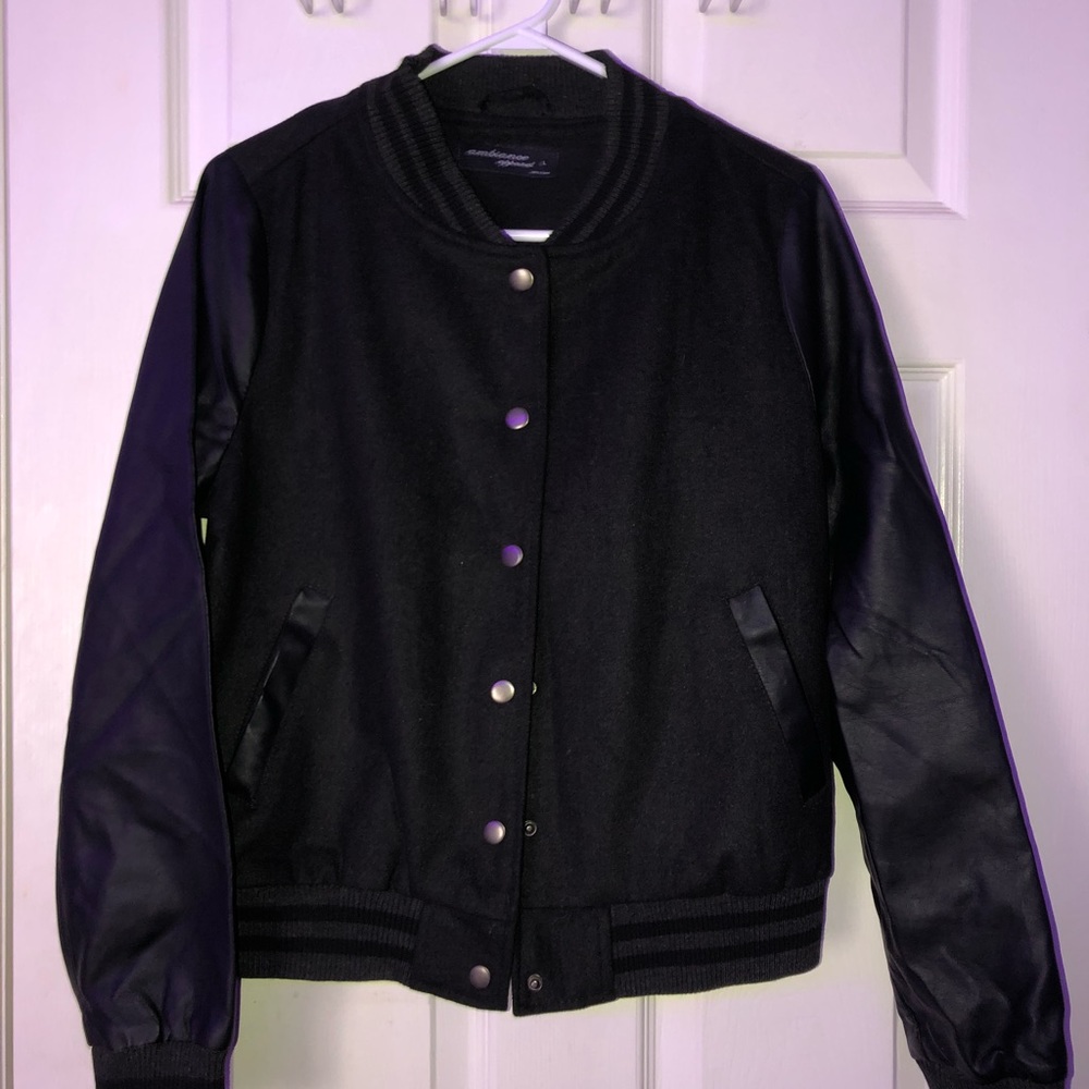 Faux leather black button up bomber jacket.